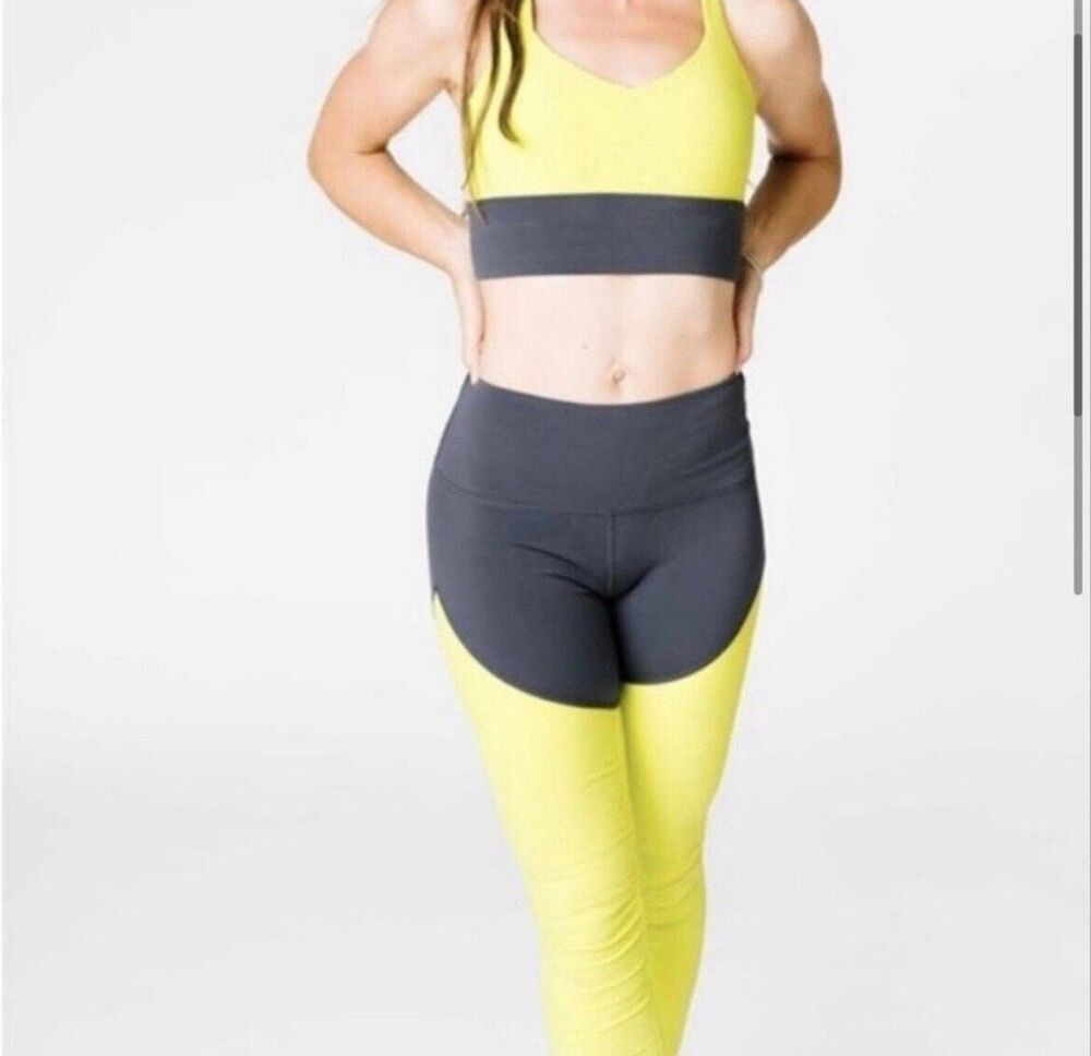 Zyia Active Parallel Luxe High Rise Leggings Neon Yellow Gray Two Tone Retro NWT